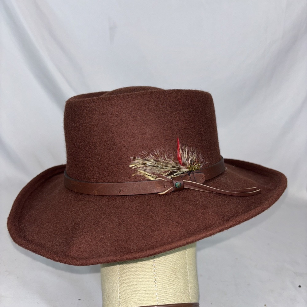 Vintage Felt Wool Brown Fedora Hat w Feather Made In USA